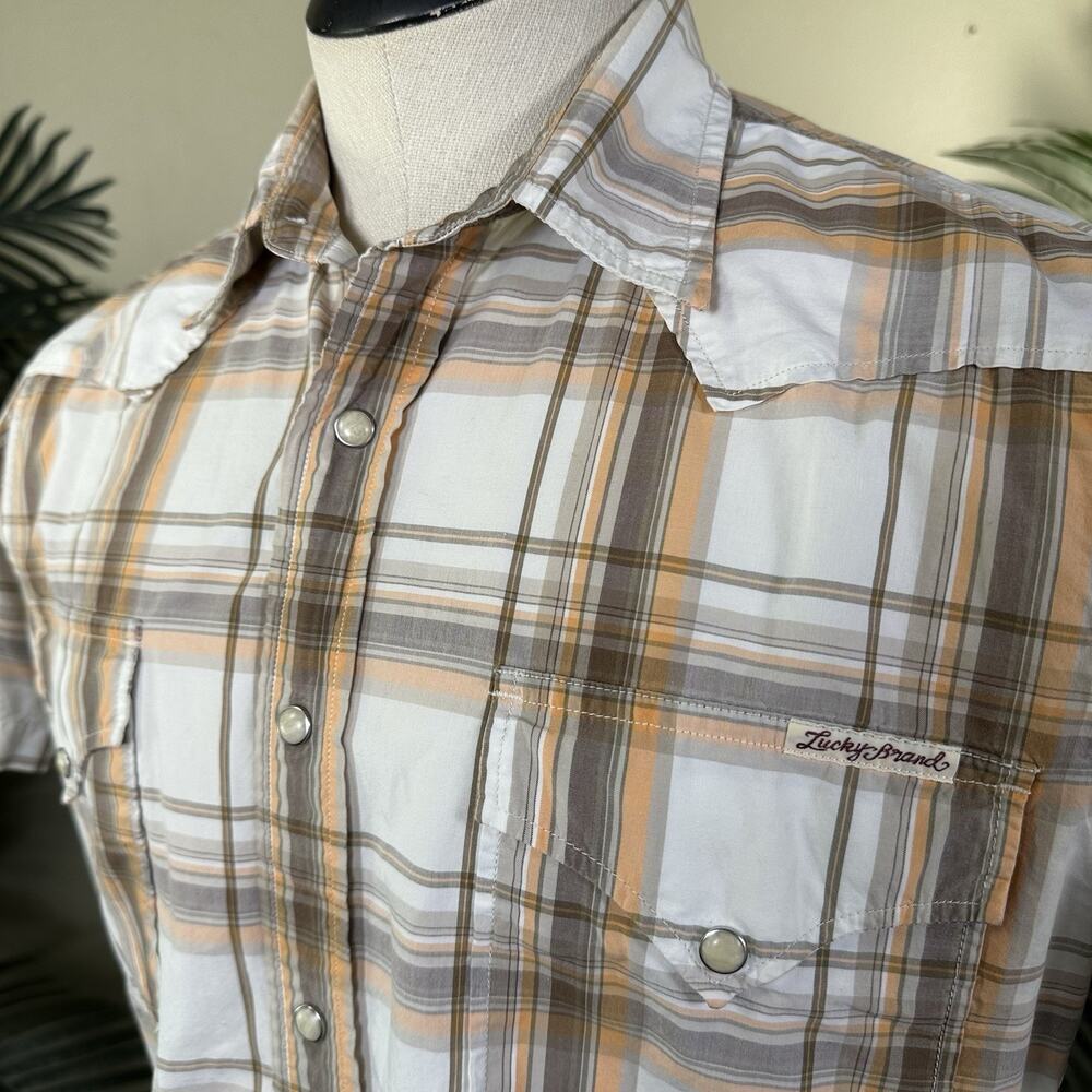 Lucky Brand Men M Snap Pearl Shirt Short sleeve Western Plaid Earth tones